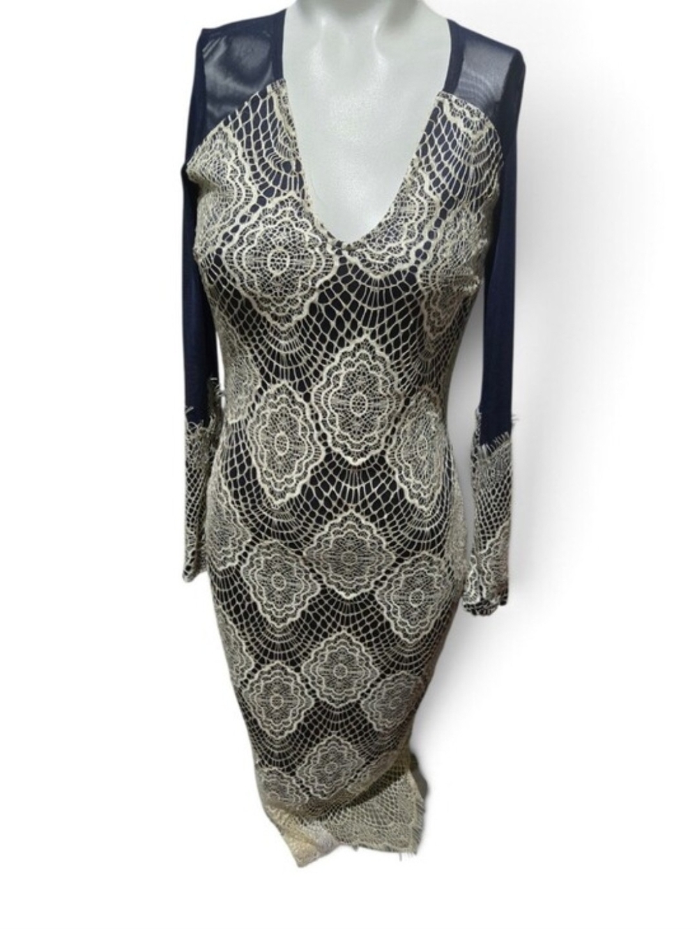 NWT AX Paris Navy Cream Lace Bodycon Midi Dress Long Sleeve US 4